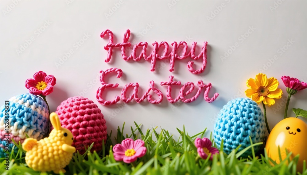 Happy Easter Crochet Letters, Eggs, Grass, White Background
