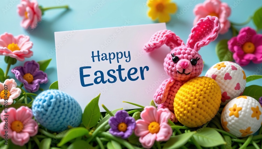 Happy Easter Card, Crochet Bunny, Flowers, Eggs, Spring