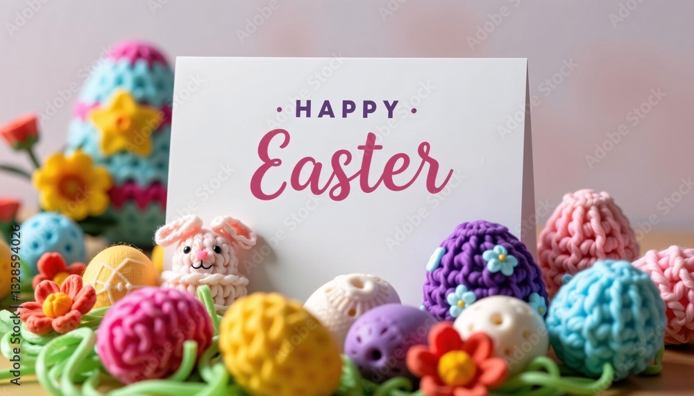 Happy Easter Card, Crochet Eggs, Flowers, Spring