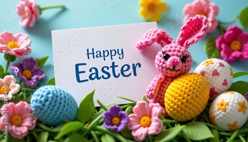 Happy Easter Card, Crochet Bunny, Flowers, Eggs, Spring