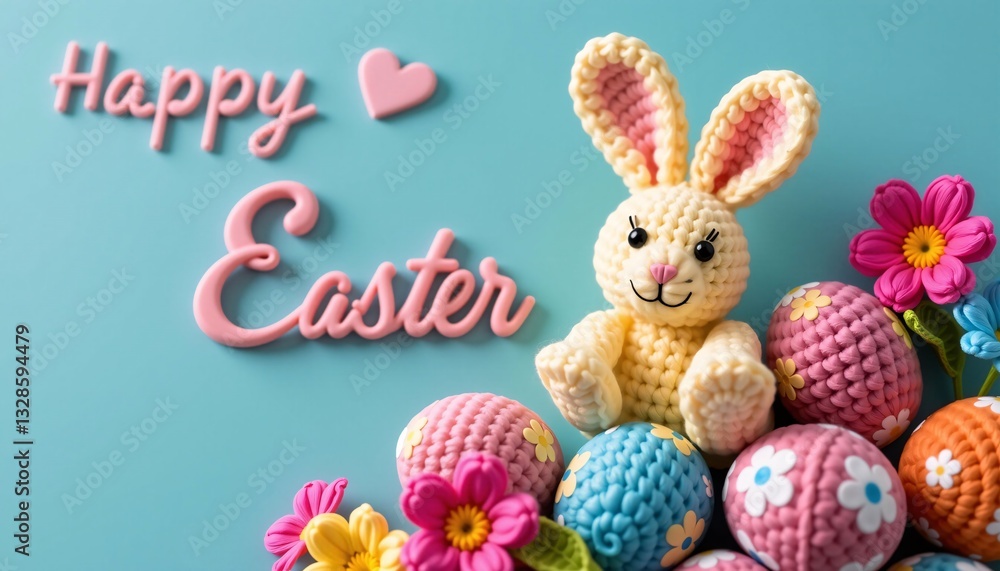 Happy Easter Crochet Bunny, Eggs, Flowers, Blue
