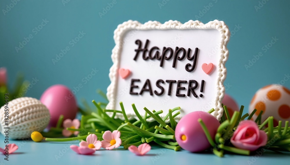 Happy Easter Sign, Eggs, Flowers, Spring