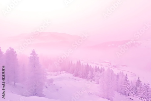 Wallpaper Mural Pink Snowy Mountain View Winter forest landscape with hills; scenic use Torontodigital.ca