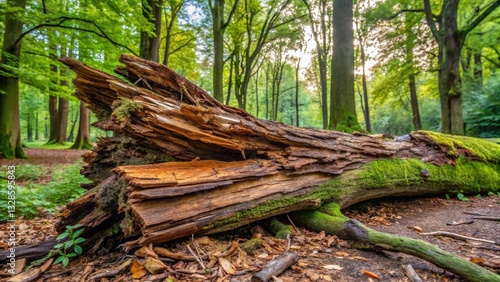 A Fallen Tree Trunk, Partially Covered in Moss, Lies in a Sun-Dappled Forest, Its Wood Showing Signs of Age and Decay.