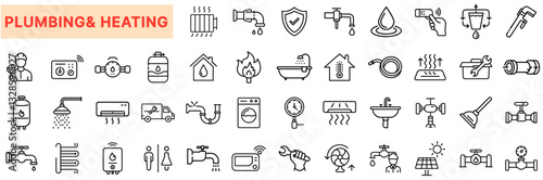 Plumbing and Heating Line Icons Set – Water Supply, Pipe Repair, Leak Detection, HVAC, Boilers, Radiators, Thermostat, Drainage, Faucets, Bathroom Fixtures