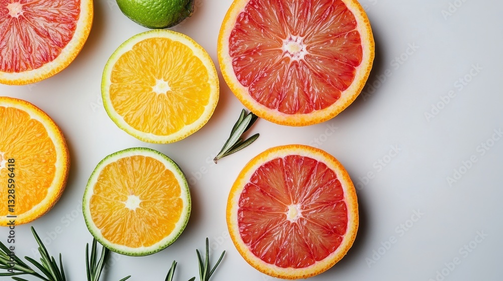 Vibrant citrus fruits, including oranges, grapefruits, and limes, arranged on a light gray background with sprigs of rosemary. Top view. Vibrant citrus fruits, including oranges, grapefruits, and limes, arranged on a light gray background with sprigs of rosemary. Top view.