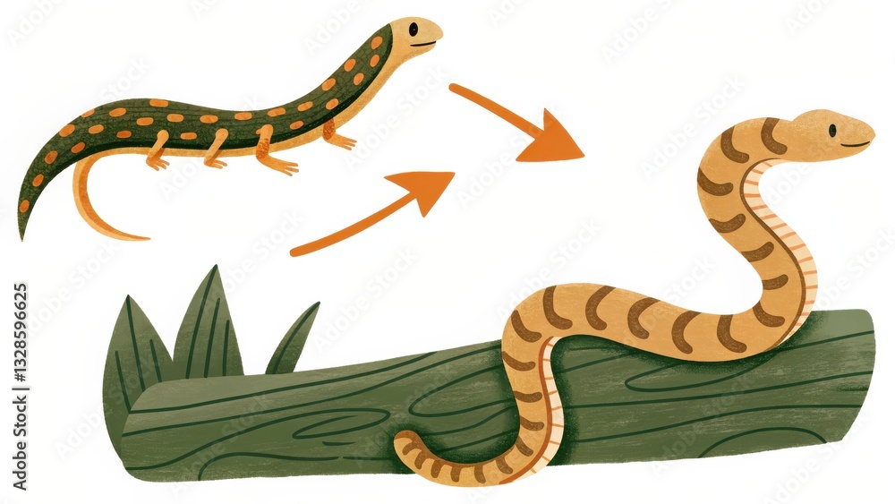 Naklejka premium Lizard to Snake Transformation Illustration Detailed Reptile Evolution Graphic