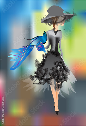 composition with woman in hat receiving blue bird
