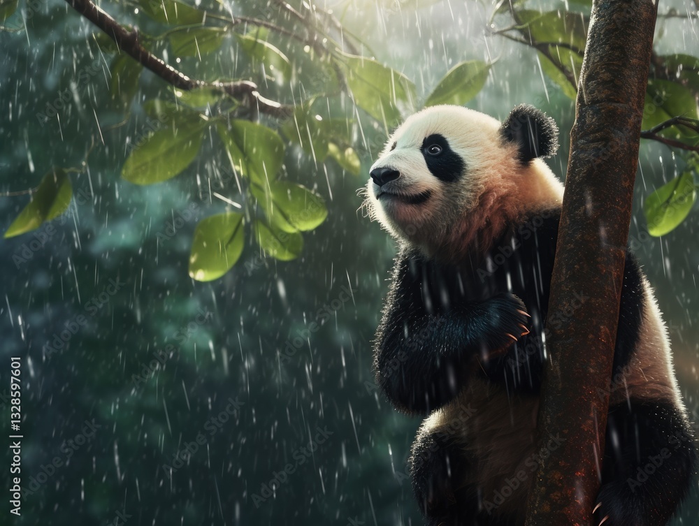 Fototapeta premium Cute panda cub in the rain, clinging to a tree