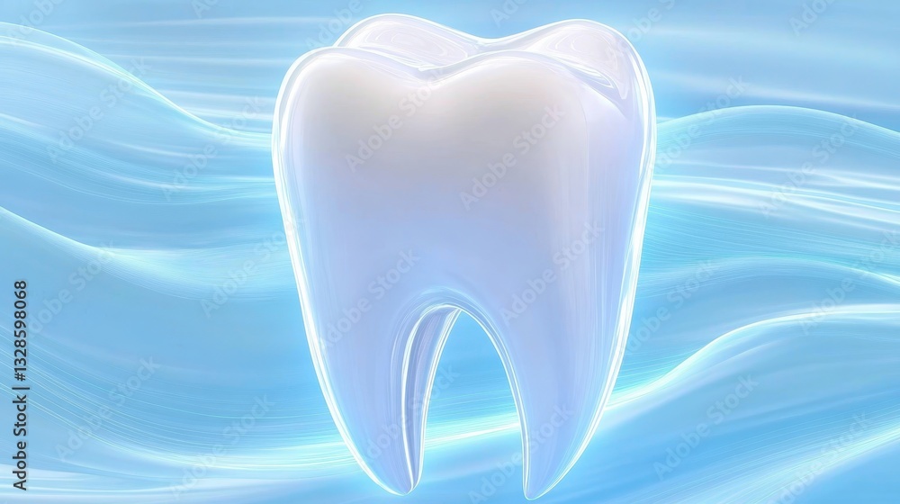 Luminous white tooth hovering over fluid blue backdrop, representing pristine dental health and meticulous oral hygiene practices Luminous white tooth hovering over fluid blue backdrop, representing pristine dental health and meticulous oral hygiene practices