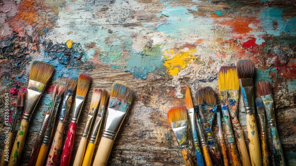 Obraz premium Paintbrushes of various sizes and colors arranged on a rustic wooden surface with colorful paint splatters. Overhead shot.