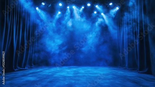 Wallpaper Mural Stage spotlights casting dramatic light through swirling smoke, highlighting luxurious blue stage curtains, generating intense theatrical performance ambiance Torontodigital.ca