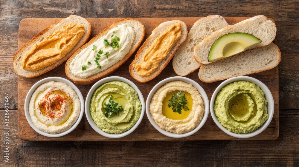 Assorted Hummus and Spreads on Wooden Board with Fresh Bread Slices Assorted Hummus and Spreads on Wooden Board with Fresh Bread Slices