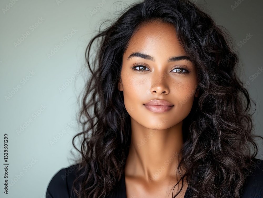 Naklejka premium A woman with long dark brown hair and a black shirt