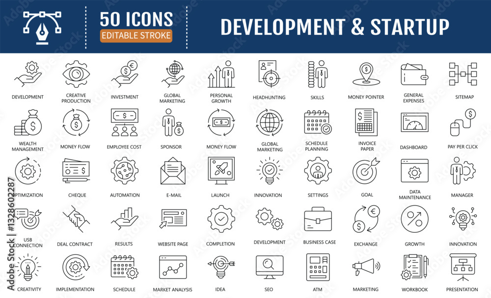 Fototapeta premium Development and startup icon icon set. Includes launch, rocket, project, development, and more. Vector Illustration
