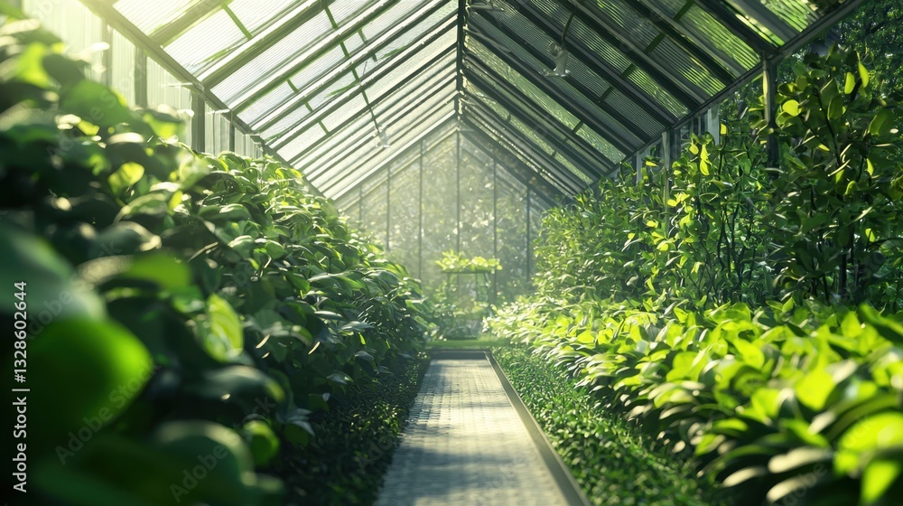 Walkway inside a greenhouse surrounded by lush greenery in a solar-powered eco-friendly environment in realistic photography Walkway inside a greenhouse surrounded by lush greenery in a solar-powered eco-friendly environment in realistic photography