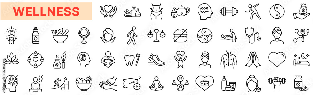 Naklejka premium Wellness and Healthy Lifestyle Line Icons Set – Yoga, Meditation, Fitness, Nutrition, Self-Care, Mental Health, Spa, Mindfulness, Holistic Healing