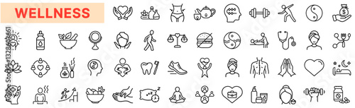 Wellness and Healthy Lifestyle Line Icons Set – Yoga, Meditation, Fitness, Nutrition, Self-Care, Mental Health, Spa, Mindfulness, Holistic Healing
