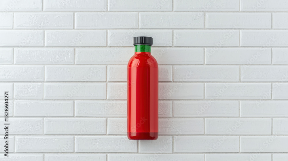 Obraz premium Dietary Supplement with Amino Acids and BCAAs, Red gym bottle with green cap on white brick wall