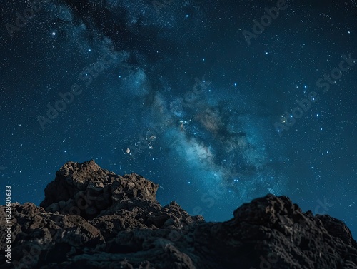 Celestial tapestry unveiling the cosmic dance above rocky peaks at twilight