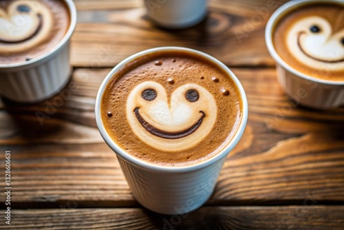Very happy face on coffee cup, positive emotional serving concept.