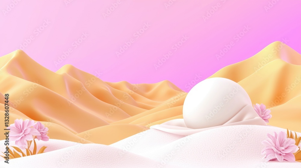 Serene Landscape with Soft Sand Dunes, Vibrant Pink Sky, and Delicate Flowers in the Foreground Serene Landscape with Soft Sand Dunes, Vibrant Pink Sky, and Delicate Flowers in the Foreground