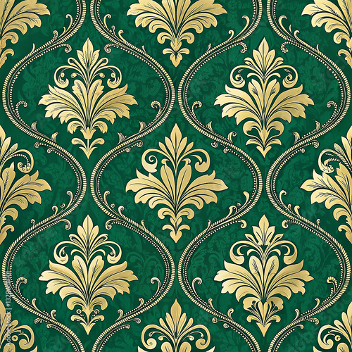 Emerald green damask with delicate golden accents seamless pattern background