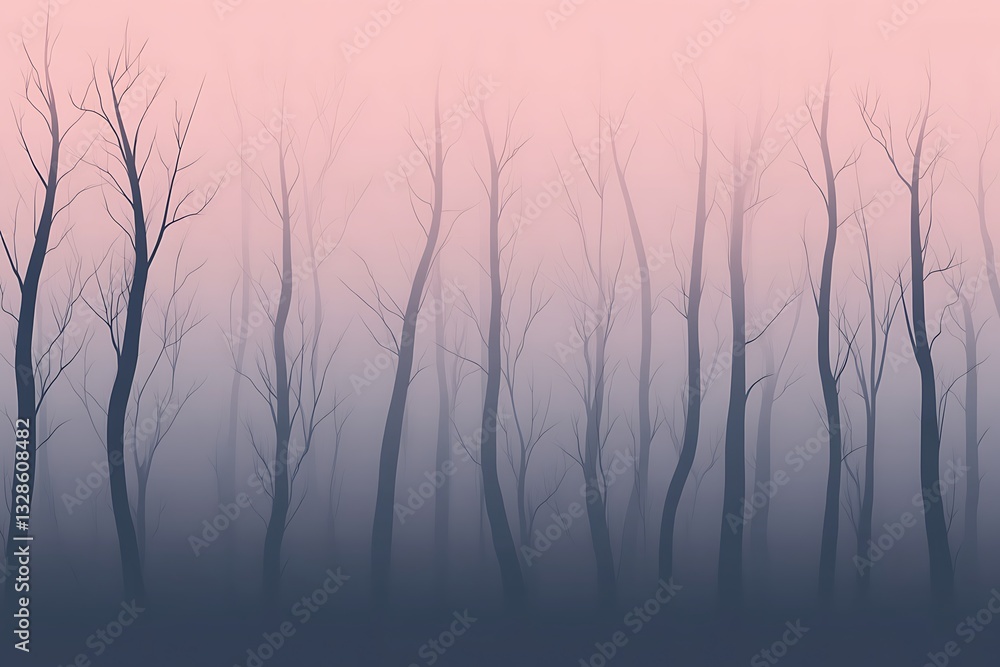 Bare Trees in Foggy Forest Silhouetted. Atmospheric nature background for wallpaper Bare Trees in Foggy Forest Silhouetted. Atmospheric nature background for wallpaper