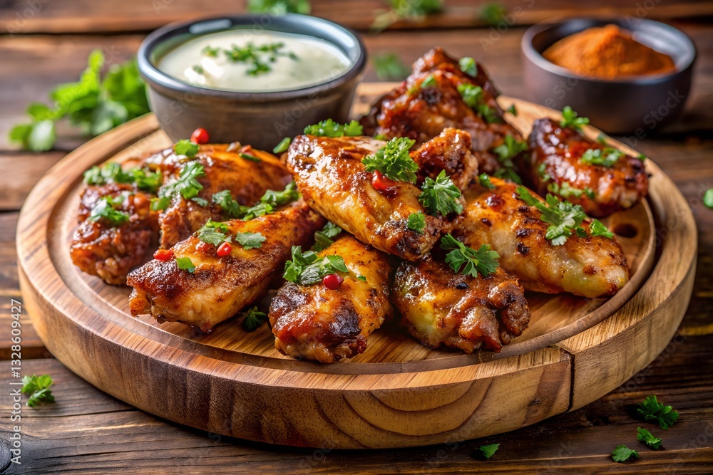 Spicy Glazed Chicken Wings with Herbs and Dipping Sauce on a Wooden Platter Spicy Glazed Chicken Wings with Herbs and Dipping Sauce on a Wooden Platter