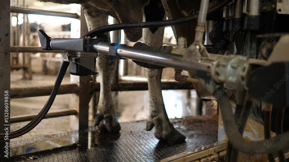 Milking machine for cows. The process of washing the udder on a modern dairy farm. Automatic milking machine for cows. Milking machine for cows. The process of washing the udder on a modern dairy farm. Automatic milking machine for cows.