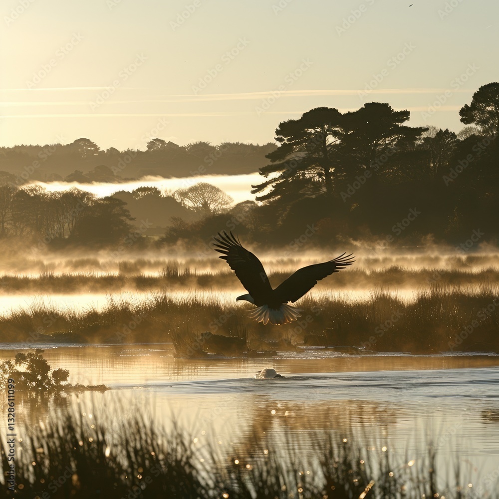 Obraz premium Majestic eagle soaring over misty wetlands at dawn