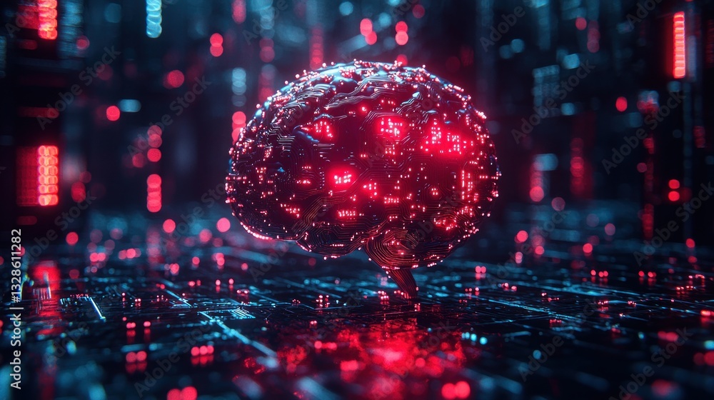 Digital brain glowing red on circuit board. Digital brain glowing red on circuit board.