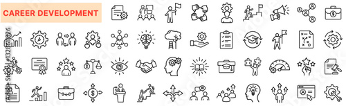 Career Development Line Icons Set – Professional Growth, Job Success, Training, Skill Enhancement, Networking, Promotion, Leadership, Business Coaching
