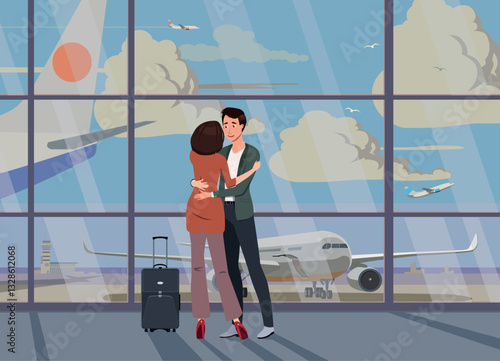Meeting at the airport against the background of the airfield. Vector.