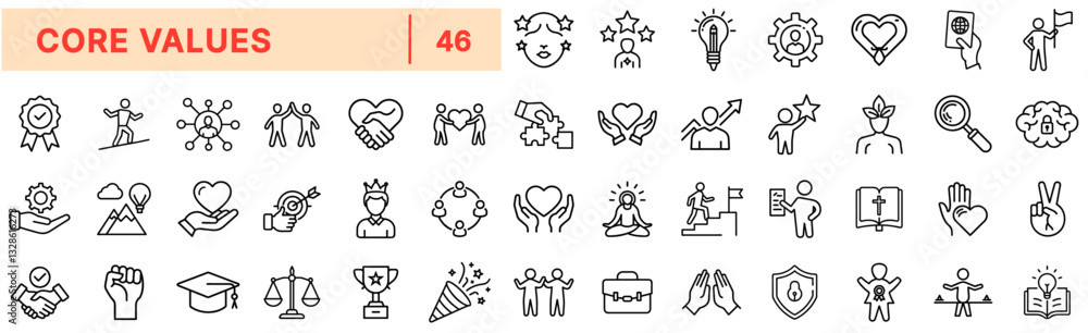 Core Values Line Icons Set – Integrity, Leadership, Teamwork, Trust, Innovation, Respect, Responsibility, Ethics, Growth, Excellence Core Values Line Icons Set – Integrity, Leadership, Teamwork, Trust, Innovation, Respect, Responsibility, Ethics, Growth, Excellence