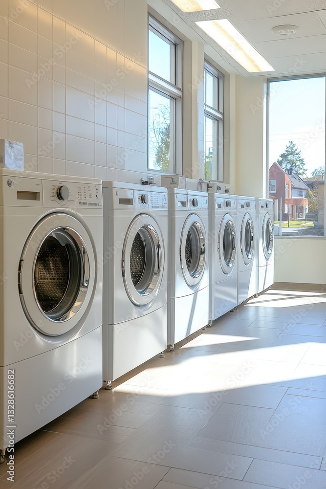 Modern Laundromat Interior with Sunlit Windows and Row of Washing Machines in Bright, Clean Space Modern Laundromat Interior with Sunlit Windows and Row of Washing Machines in Bright, Clean Space