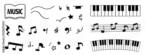 手書きの音符とピアノ鍵盤のベクターイラストセット。楽しい音楽の雰囲気を鉛筆タッチで描いたイメージ。五線譜に散らばる音符。