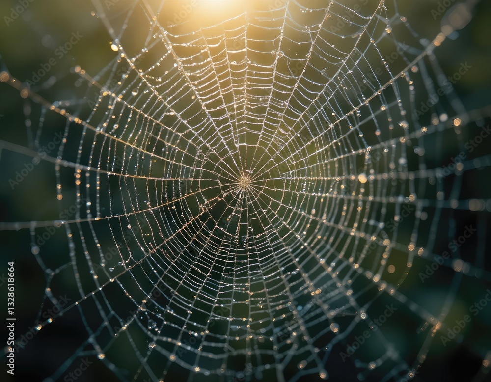 Obraz premium Spiderweb Covered in Dew Drops Sparkling in the Morning Light