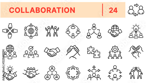 Collaboration Line Icons Set – Teamwork, Partnership, Communication, Networking, Handshake, Brainstorming, Group Discussion, Agreement, Support, Synergy