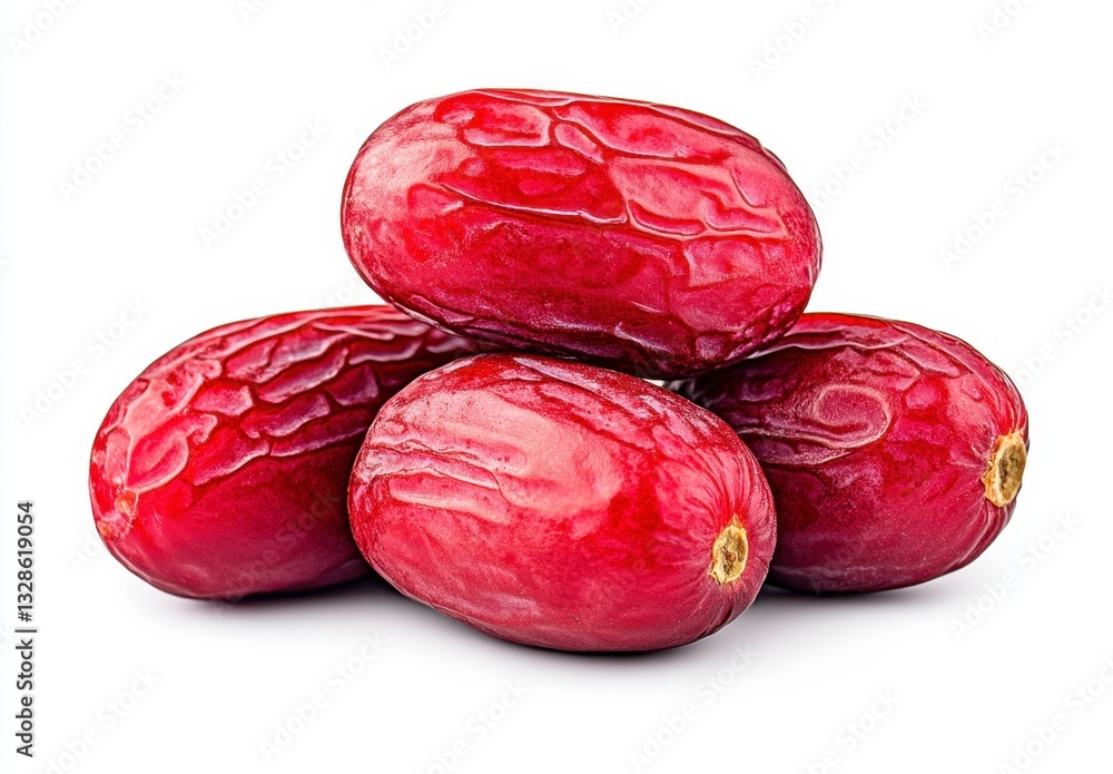 Four ripe red dates arranged in a small pile against a white background. The dates are glossy and plump, showcasing their natural texture. Four ripe red dates arranged in a small pile against a white background. The dates are glossy and plump, showcasing their natural texture.