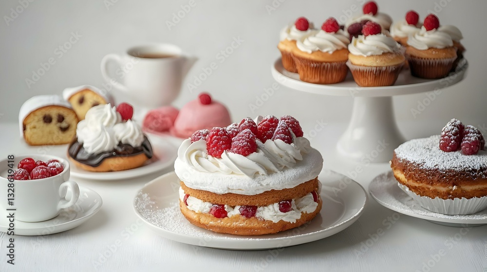 Set of breakfast food or bakerycake on table Set of breakfast food or bakerycake on table