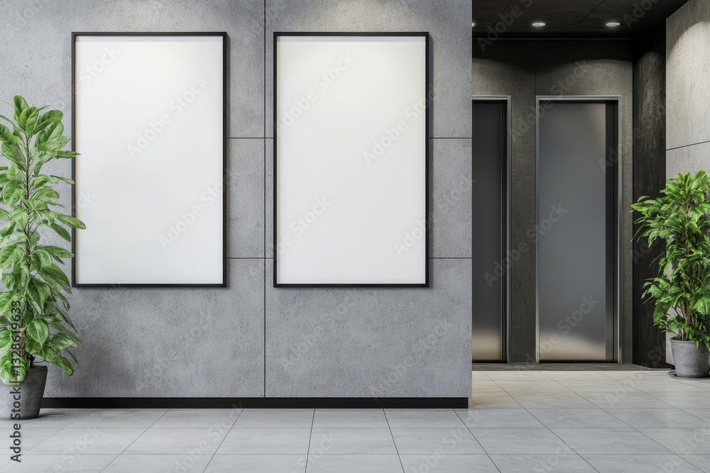 Modern interior with two blank posters and elevator doors, accented by potted plants. Modern interior with two blank posters and elevator doors, accented by potted plants.