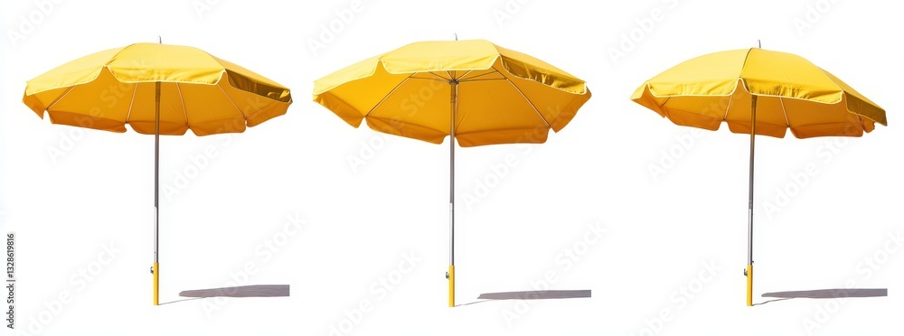 Obraz premium Three bright yellow beach umbrellas stand in contrast against a stark white background.