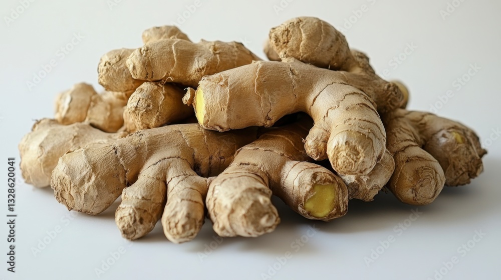 Close up view of a pile of fresh ginger roots on a white background. The ginger is light brown with visible knobs and some yellow flesh. Close up view of a pile of fresh ginger roots on a white background. The ginger is light brown with visible knobs and some yellow flesh.