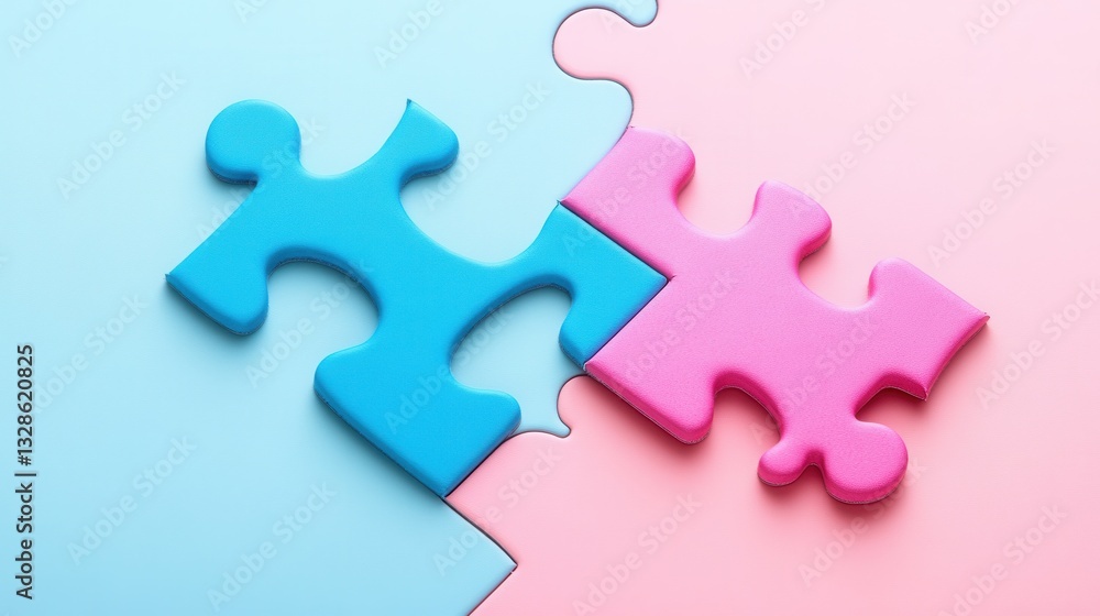 Interlocking pink and blue puzzle pieces on pastel background Interlocking pink and blue puzzle pieces on pastel background
