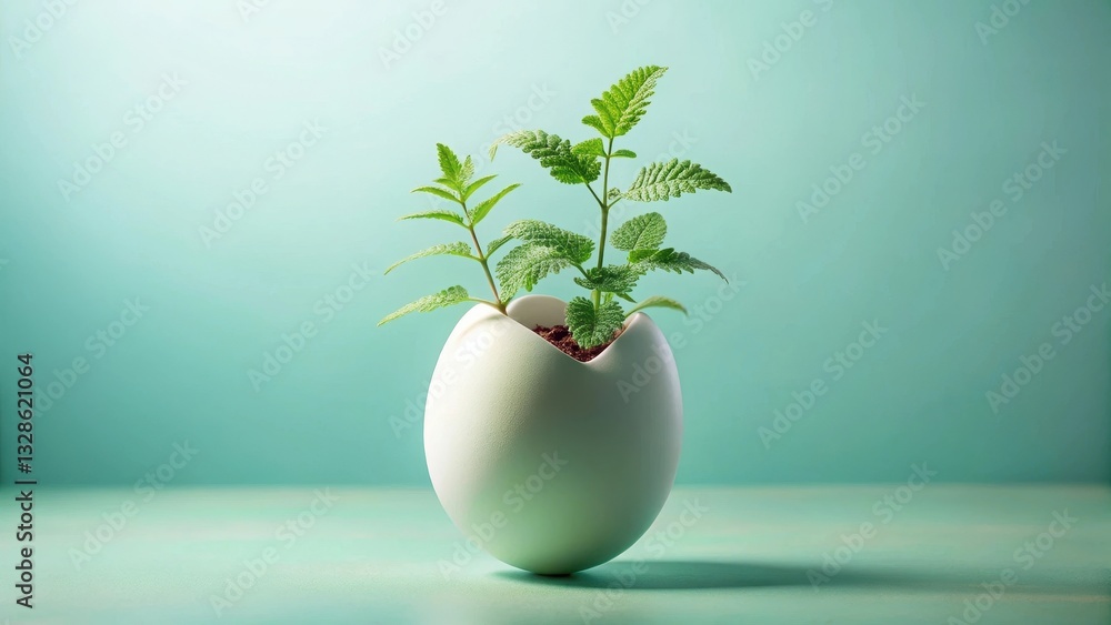 A delicate eggshell planter cradles vibrant new growth, symbolizing springtime renewal and the promise of life's burgeoning potential. A delicate eggshell planter cradles vibrant new growth, symbolizing springtime renewal and the promise of life's burgeoning potential.