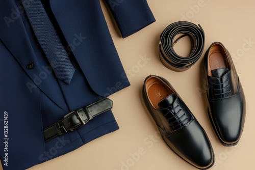 Elegant navy blue men's suit with matching leather shoes and accessories on a beige backdrop.