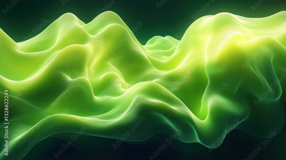 Obraz premium Abstract green and yellow flowing waves, smooth surface, dynamic movement, illuminated, dark background.