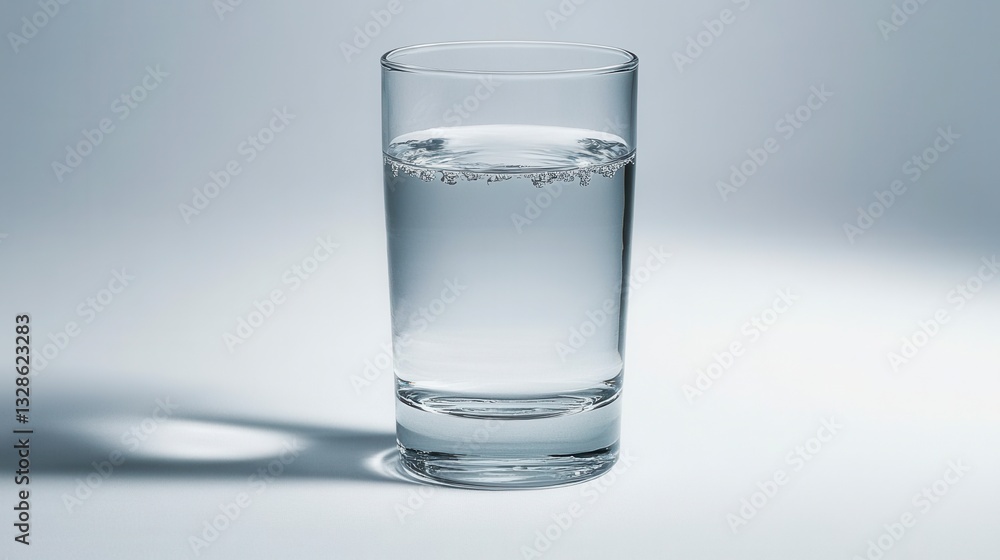 Close up of a glass of water with small bubbles, sitting on a light gray surface against a muted background. The lighting is soft and even. Close up of a glass of water with small bubbles, sitting on a light gray surface against a muted background. The lighting is soft and even.