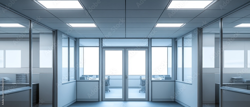 Fototapeta premium A modern office interior featuring glass walls and doors